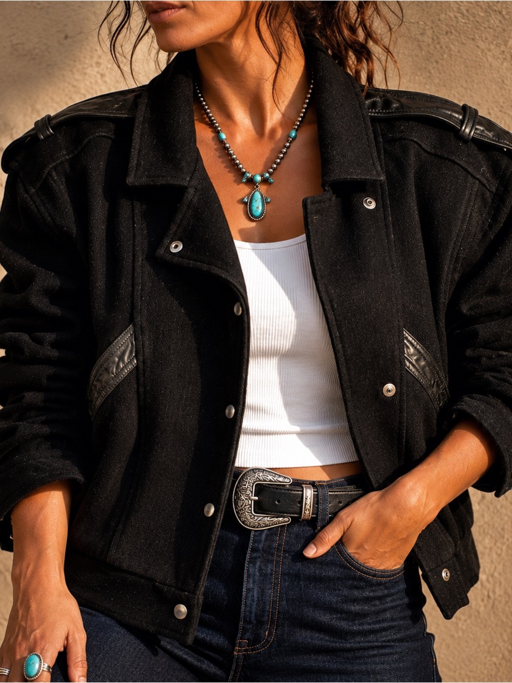 Vintage 80s Black Wool Leather Western Jacket Cropped Moto Bomber M